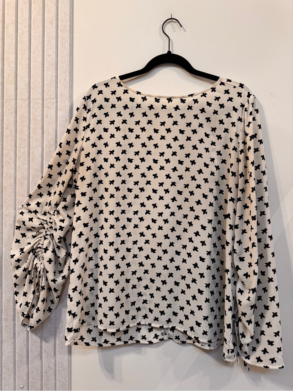 LOFT White Blouse with Black Bird Print and Ruched Sleeve Detail